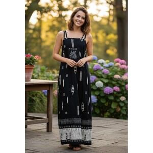 Piccalino Dress Womens M? Black Tank Maxi African Artsy Tribal Gothic Y2K Pocket